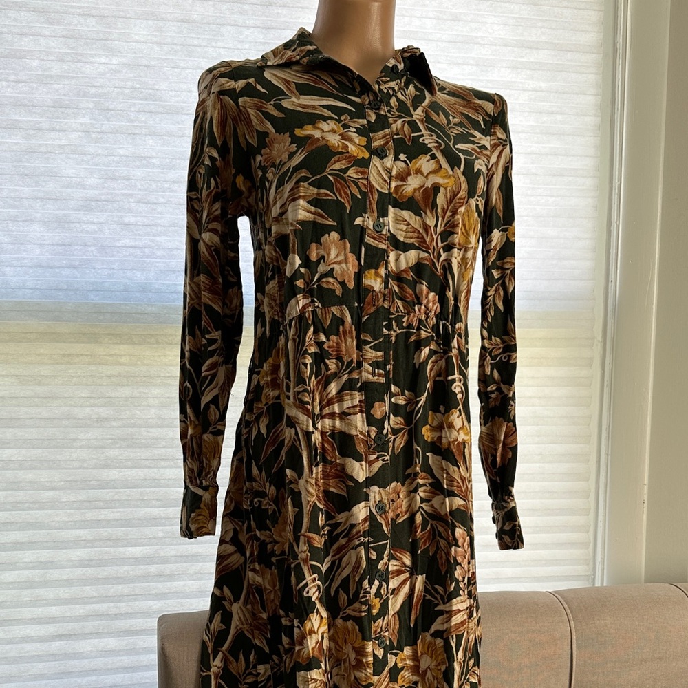 Floral Long Sleeve Shirt Dress - Dark Green